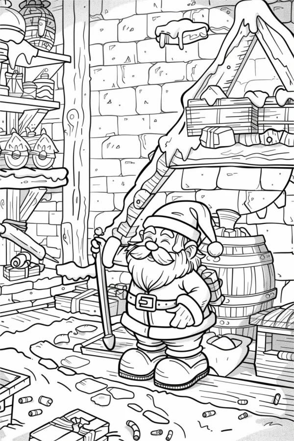 Cartoon santa claus in a snowy workshop, christmas theme — free printable handmade diy coloring book page