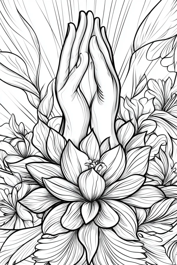 Folded hands surrounded by blooming flowers, zen style — free printable meditation coloring book page