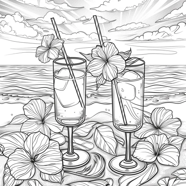 Tropical cocktails with hibiscus flowers on beach, line art style — free printable vacation coloring book page