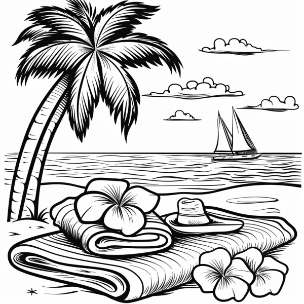 Coloring book page, tropical beach leisure scene — free printable tropical plants coloring book page