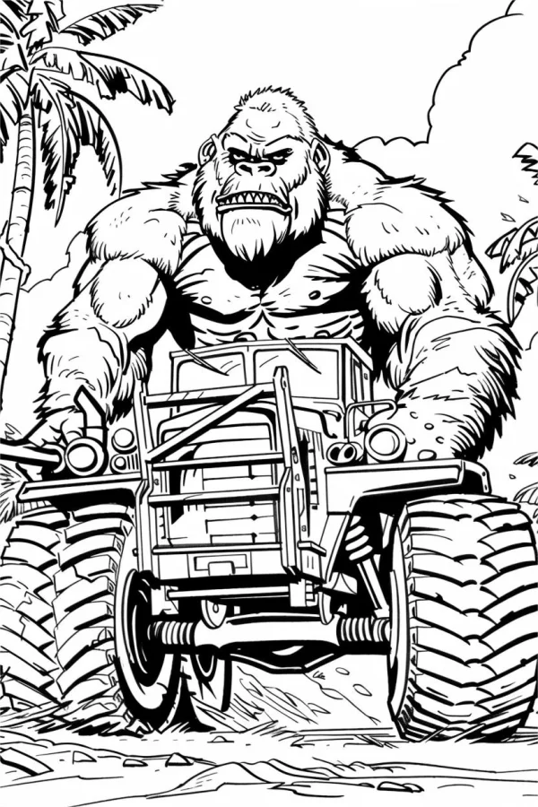 Angry gorilla driving an off-road vehicle, cartoon style — free printable jungle coloring book page