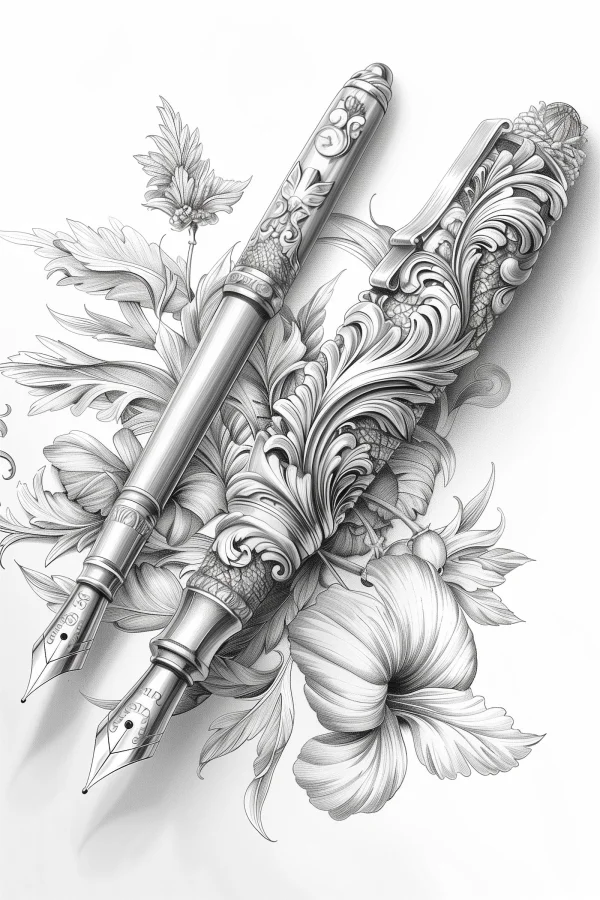 Vintage ornate fountain pens with hibiscus flowers and botanical leaves, baroque and retro style — free printable stationery coloring book page