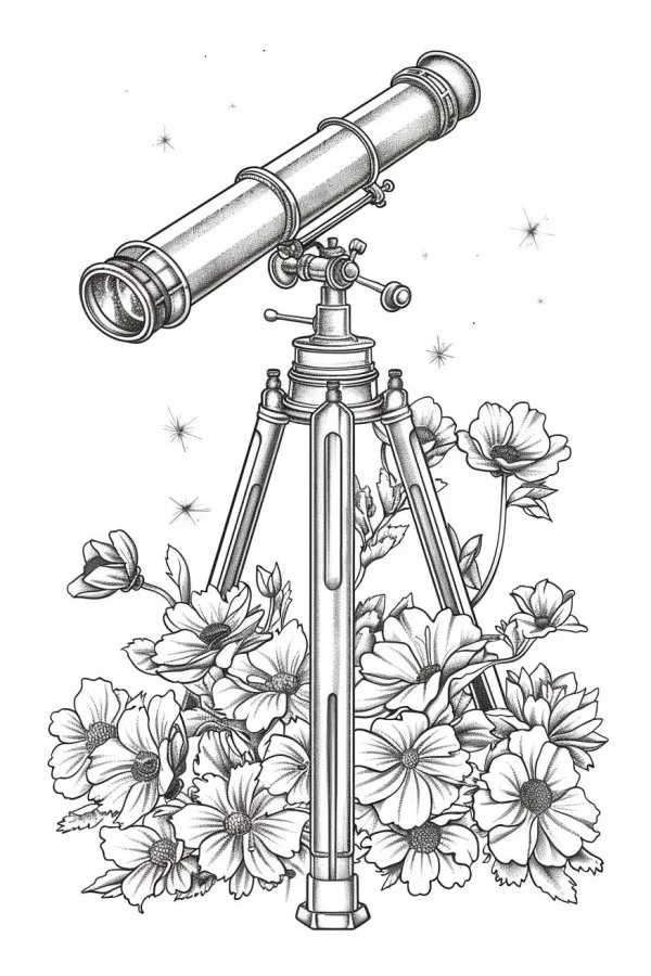 Telescope on tripod surrounded by various blooming flowers, sketch style — free printable astronomy coloring book page