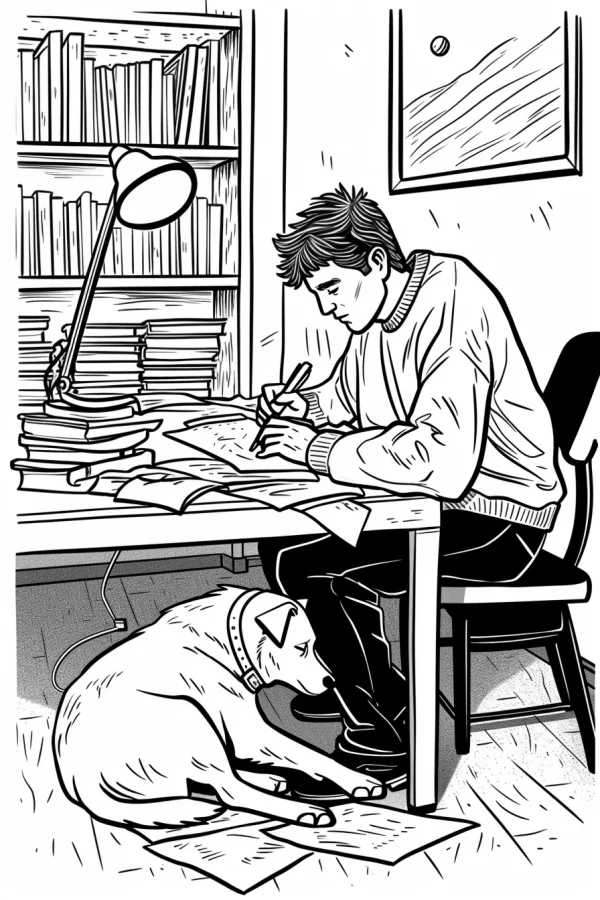 Man writing at desk with dog under the table, realistic line art style — free printable writing coloring book page