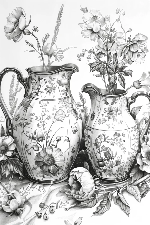 Still life of two ceramic pitchers with floral patterns surrounded by various flowers, leaves — free printable still life coloring book page