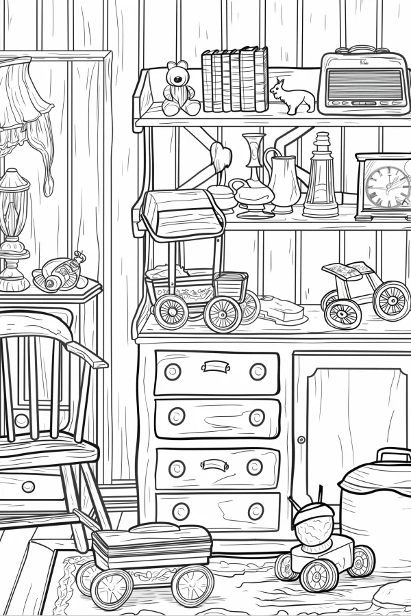Vintage indoor scene with childhood retro toys, cartoon and vintage style — free printable nostalgia coloring book page