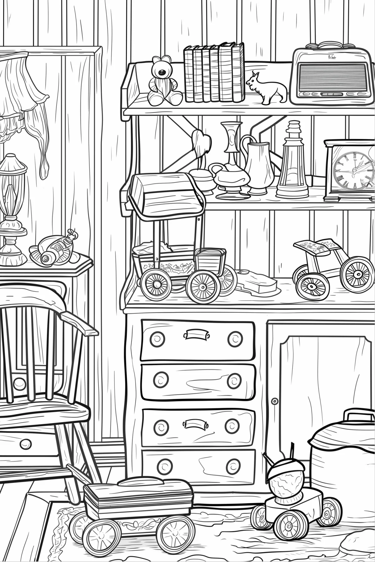 Vintage home interior with retro children's toys including teddy bear, toy carts and tricycles — moderate detail — line art coloring page — for kids and adults of all ages