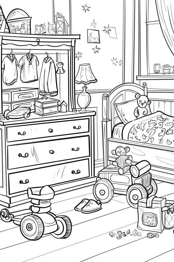 Children's bedroom scene with toys, cartoon style — free printable children's life coloring book page