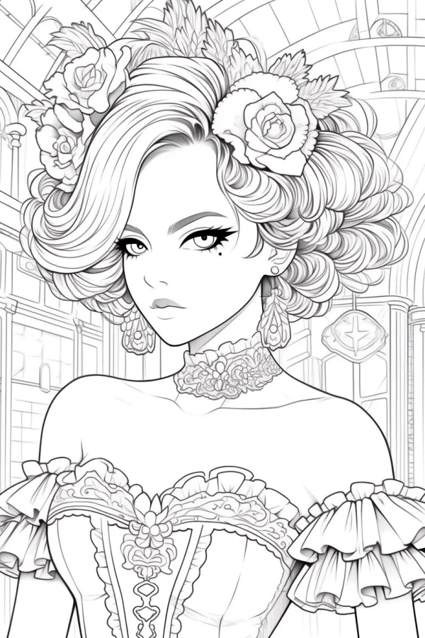 Victorian-style curly-haired girl with rose hair accessories, anime and vintage court style — free printable court coloring book page