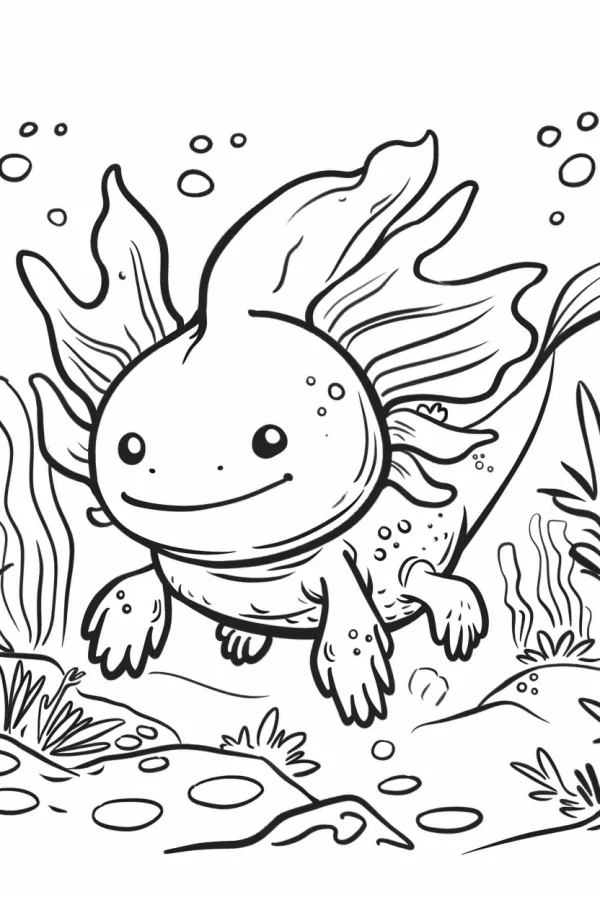 Cute cartoon axolotl in underwater scene, cartoon style — free printable amphibians coloring book page