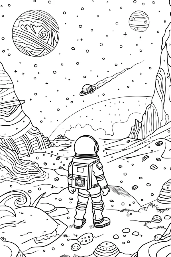 Astronaut standing on alien planet surface, sci-fi style — free printable alien landscape coloring book page
