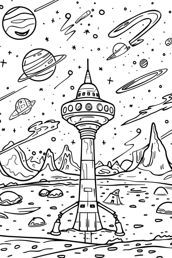Alien base observation tower, cartoon style — free printable alien landscape coloring book page