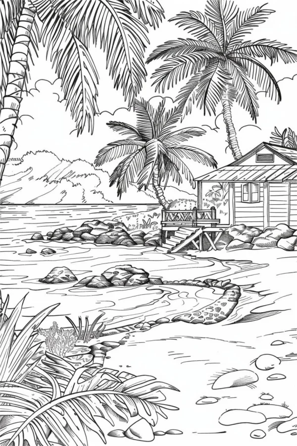 Tropical beach hut with coconut trees, realistic sketch line art style — free printable tropical plants coloring book page