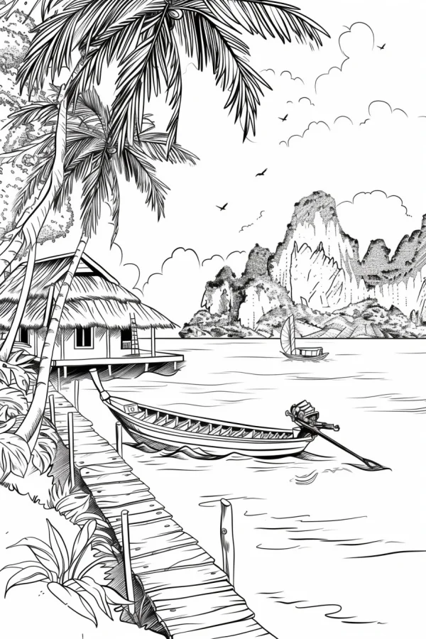 Tropical seaside scene with stilt wooden house, palm trees — free printable tropical plants coloring book page