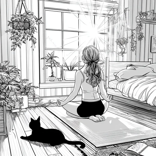 Back view of a girl doing yoga with a black cat beside her, realistic line art style — free printable yoga coloring book page