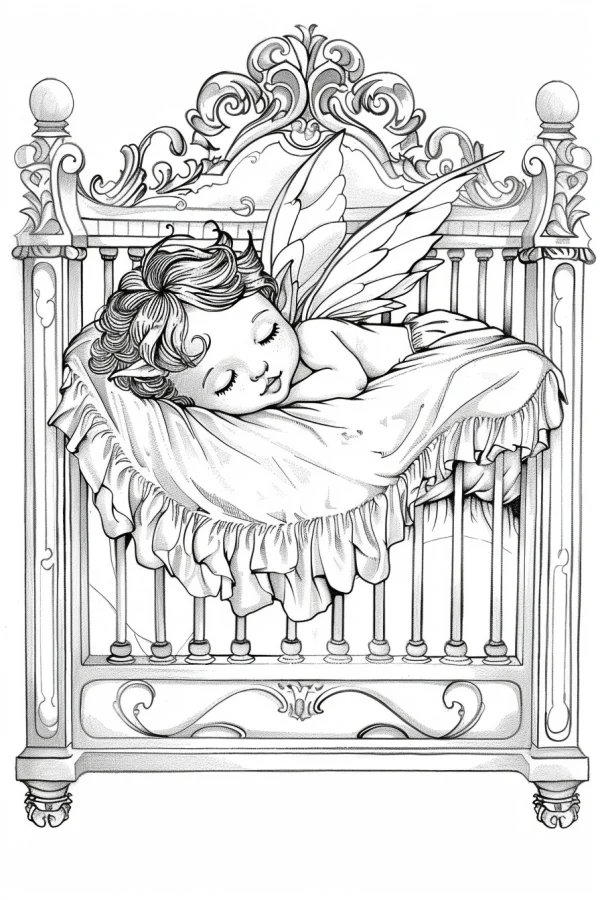 Sleeping little fairy in an ornate carved crib, fairy tale cartoon style — free printable baby coloring book page