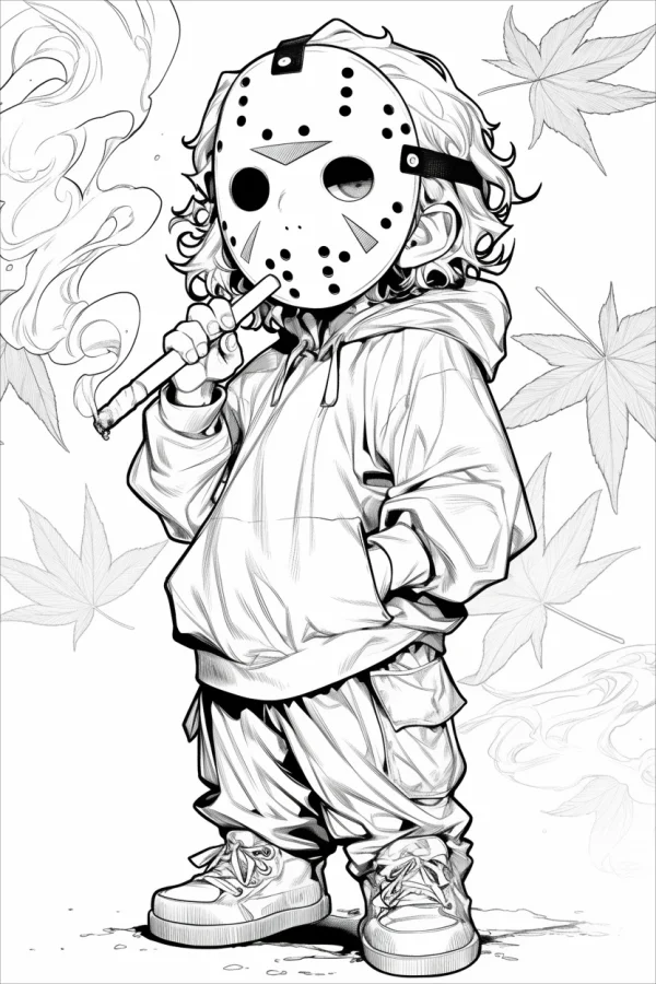 Cartoon kid wearing jason voorhees mask, street style with hoodie and cargo pants — free printable street coloring book page
