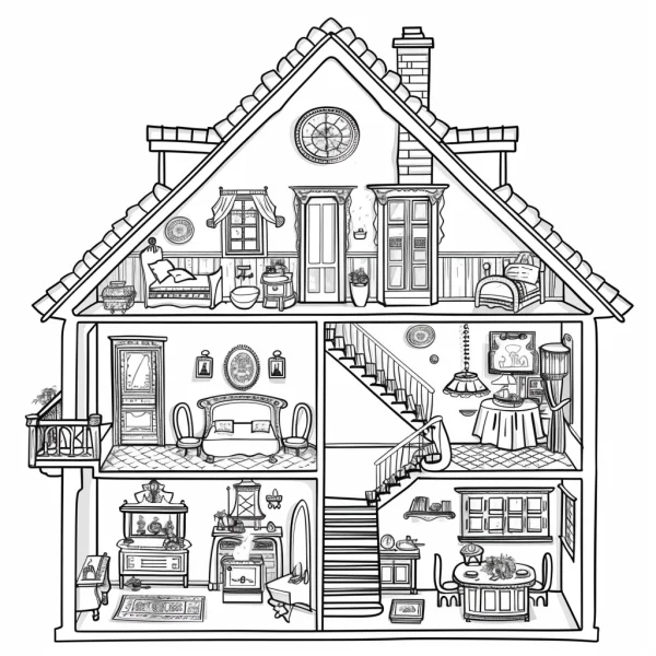 Multi-story house interior panoramic view, cartoon style — free printable residential coloring book page