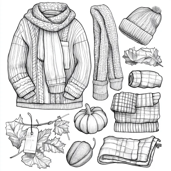 Autumn-themed clothing and fall decor including knit sweater, scarf — free printable clothing coloring book page