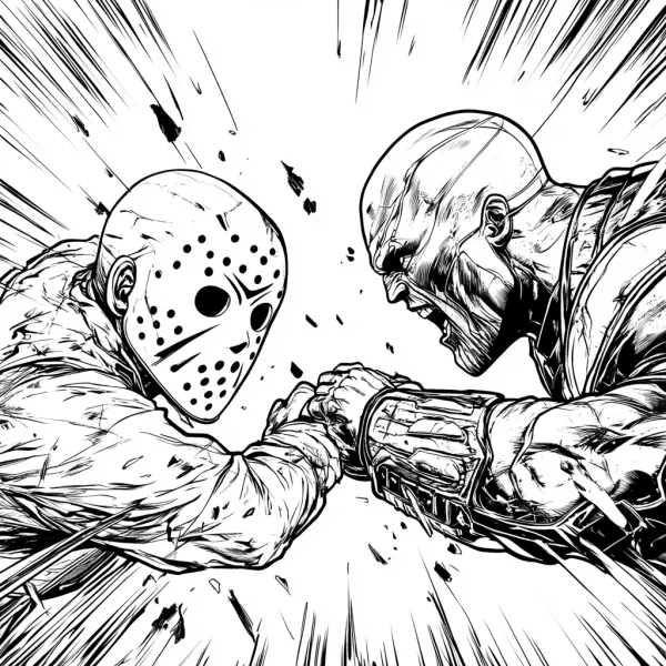 Jason (from friday the 13th) arm wrestling with thanos, comic book style — free printable film character coloring book page