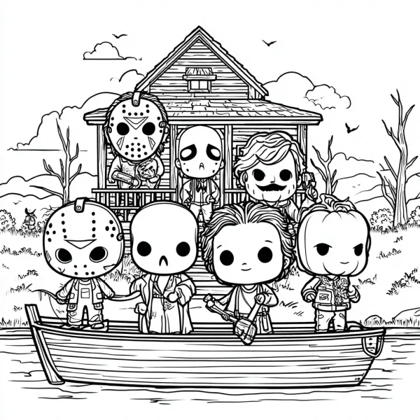 Chibi style classic horror movie characters (jason voorhees, michael myers — free printable film character coloring book page