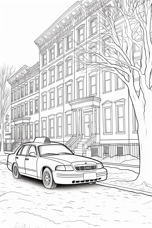 Urban residential building with taxi cab, realistic style — free printable street view coloring book page