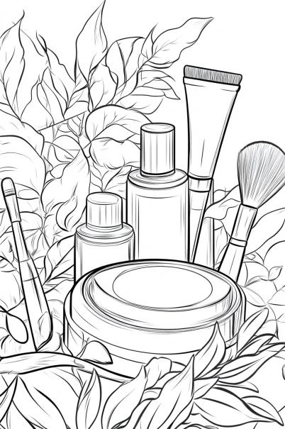 Beauty and skincare product set including cream jar, lotion bottles — free printable beauty coloring book page
