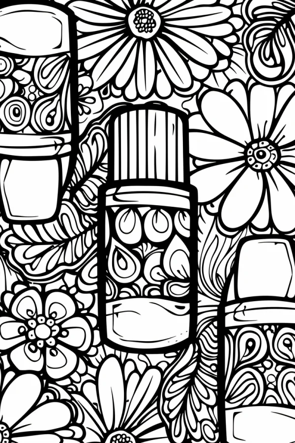 Essential oil bottles surrounded by various flowers and zentangle patterns, zentangle art style — free printable beauty care coloring book page