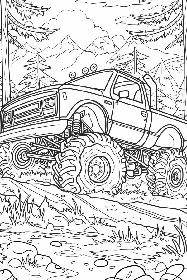 Bigfoot monster truck, realistic line art style — free printable outdoor adventure coloring book page