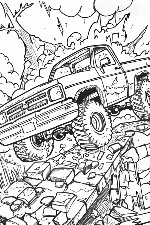 Off-road truck driving on broken rocky terrain, realistic sketch style — free printable off-road coloring book page