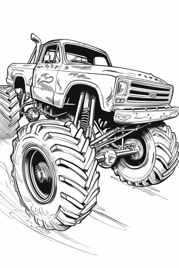 Giant monster truck, cartoon style — free printable off-road coloring book page