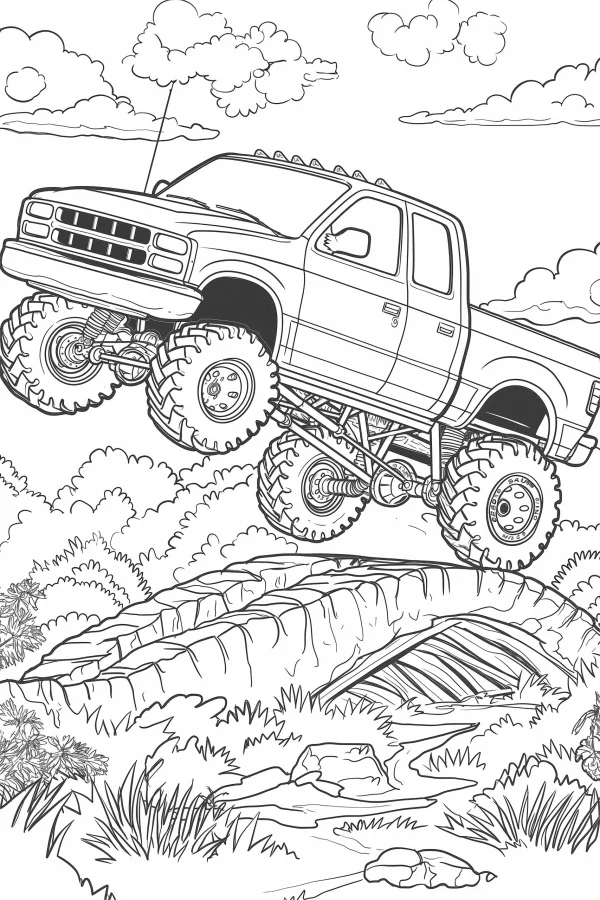 Monster truck, realistic line art style — free printable outdoor adventure coloring book page