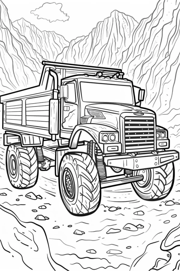 Heavy dump truck, realistic line art — free printable outdoor adventure coloring book page