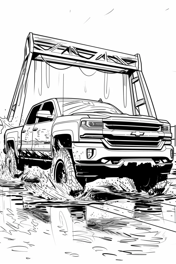 Coloring book page, off-road pickup truck driving through puddles — free printable outdoor adventure coloring book page