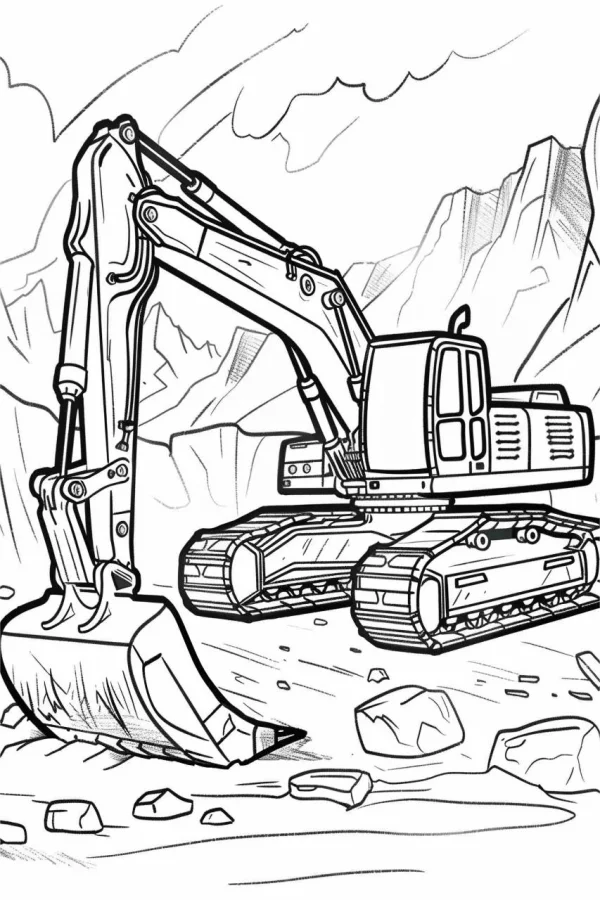 Construction excavator at quarry site with rocks and mountains, realistic line art — free printable construction coloring book page