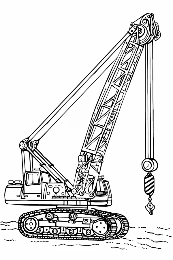 Tracked crane, realistic style — free printable engineering tools coloring book page