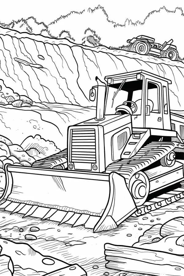 Tracked bulldozer at construction site, cartoon style — free printable construction coloring book page