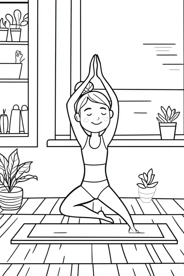 Girl doing yoga on yoga mat, cartoon style — free printable fitness coloring book page