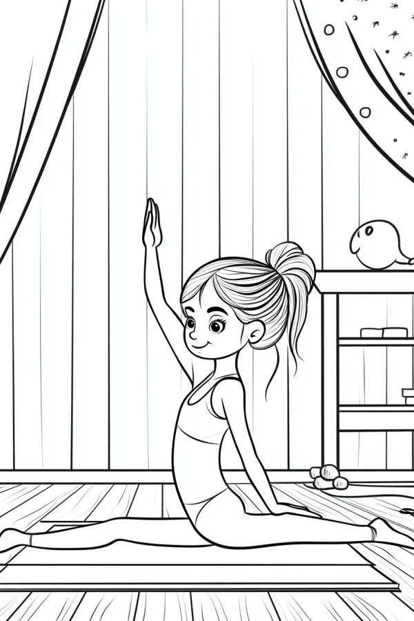 Girl doing yoga on yoga mat, cartoon style — free printable yoga coloring book page