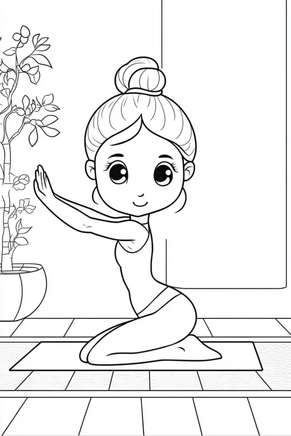 Coloring book page, cartoon girl doing yoga in indoor scene with potted plant — free printable yoga coloring book page