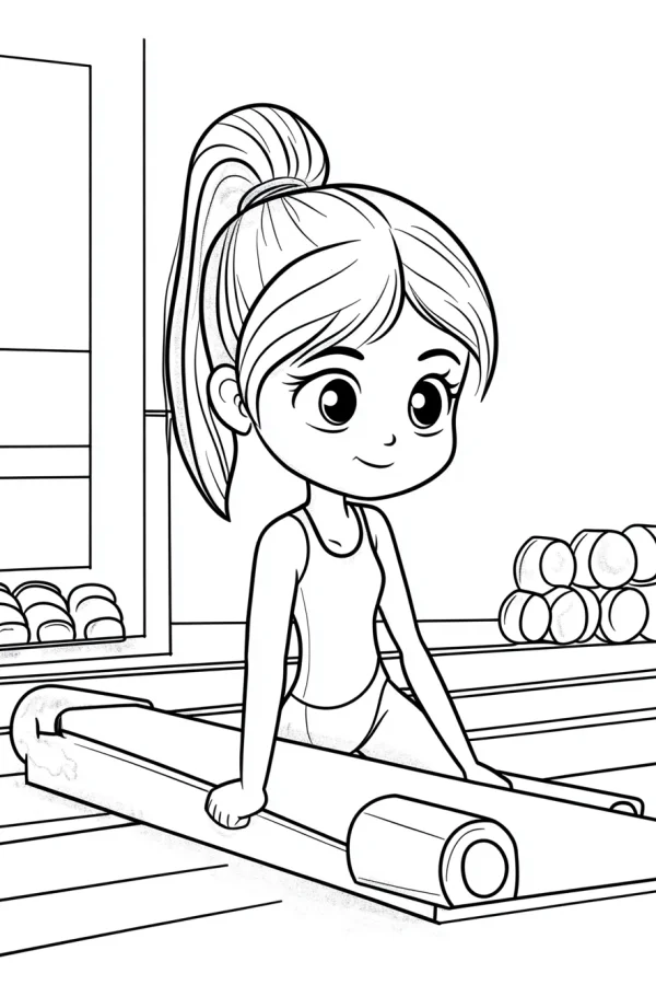 Cute cartoon girl doing fitness in gym, cartoon style — free printable fitness coloring book page