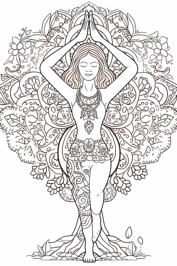 Mandala yoga girl, decorative art style — free printable yoga coloring book page