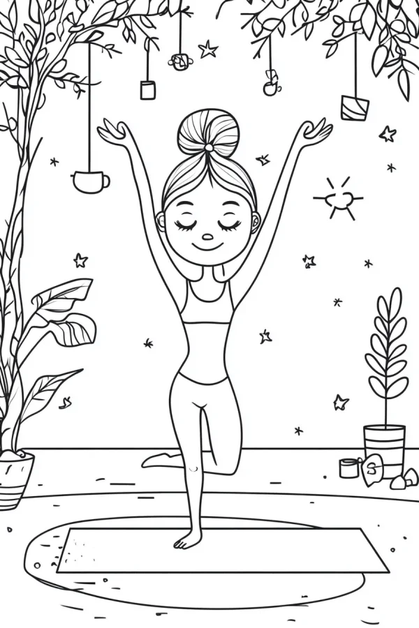 Cartoon girl doing yoga in tree pose, cute cartoon style — free printable fitness coloring book page