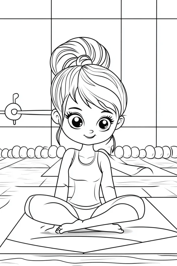 Cute cartoon girl doing yoga in cross-legged pose, cartoon style — free printable yoga coloring book page