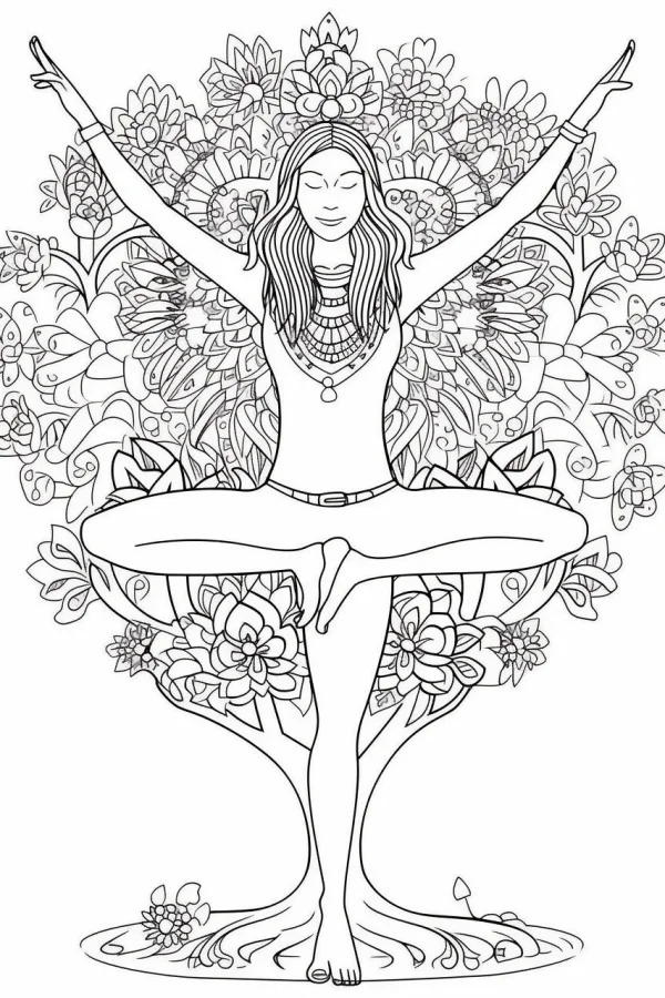 Coloring book page, yoga woman in meditative pose surrounded by intricate floral and tree patterns — free printable meditation coloring book page
