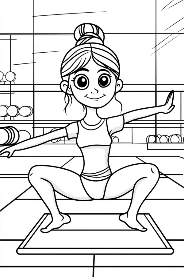 Cartoon girl doing yoga, cartoon style — free printable yoga coloring book page