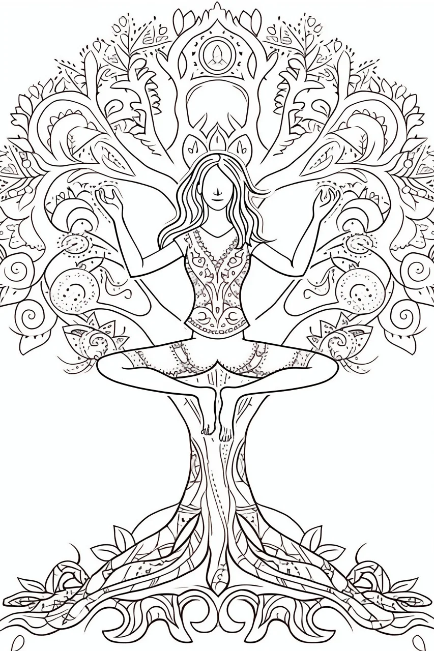 Yoga girl integrated with tree, zentangle art style — moderate detail — line art coloring page — for kids and adults of all ages