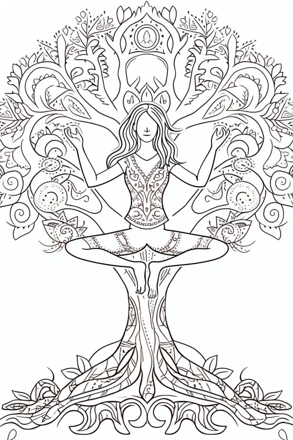 Yoga girl integrated with tree, zentangle art style — free printable meditation coloring book page