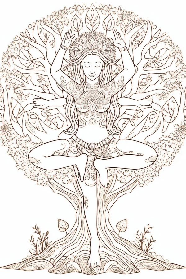 Multi-armed yoga goddess merged with ancient tree, fantasy style — free printable yoga coloring book page