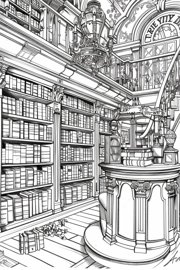 Vintage library interior, european retro style — free printable library coloring book page